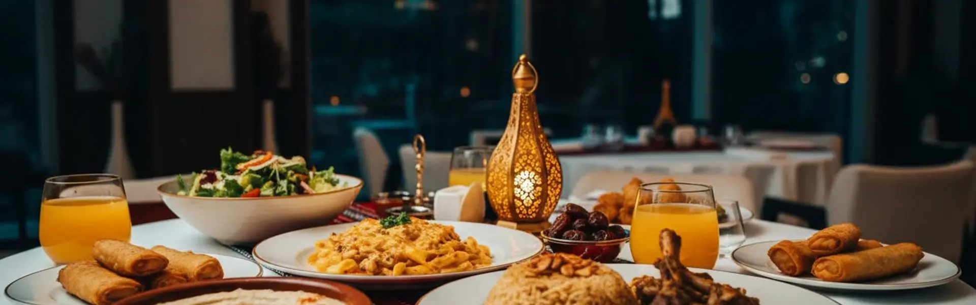 Ramadan Iftar buffet spread with traditional Middle Eastern dishes, dates, juice, and lantern decor at AY Restaurant, Mileo The Palm Hotel Dubai.